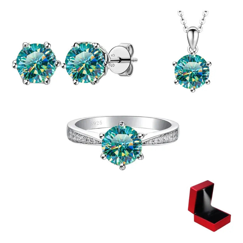 Conjunto De Joyas-moissanita Verde-anillo&pendientes&collar.