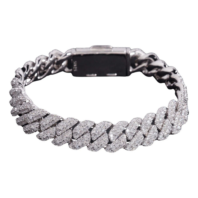 Pulso Cubano 3 Filas De Moissanite 10 Ct. (quilates) 10mm Plateado 19 Cm 17 Cm
