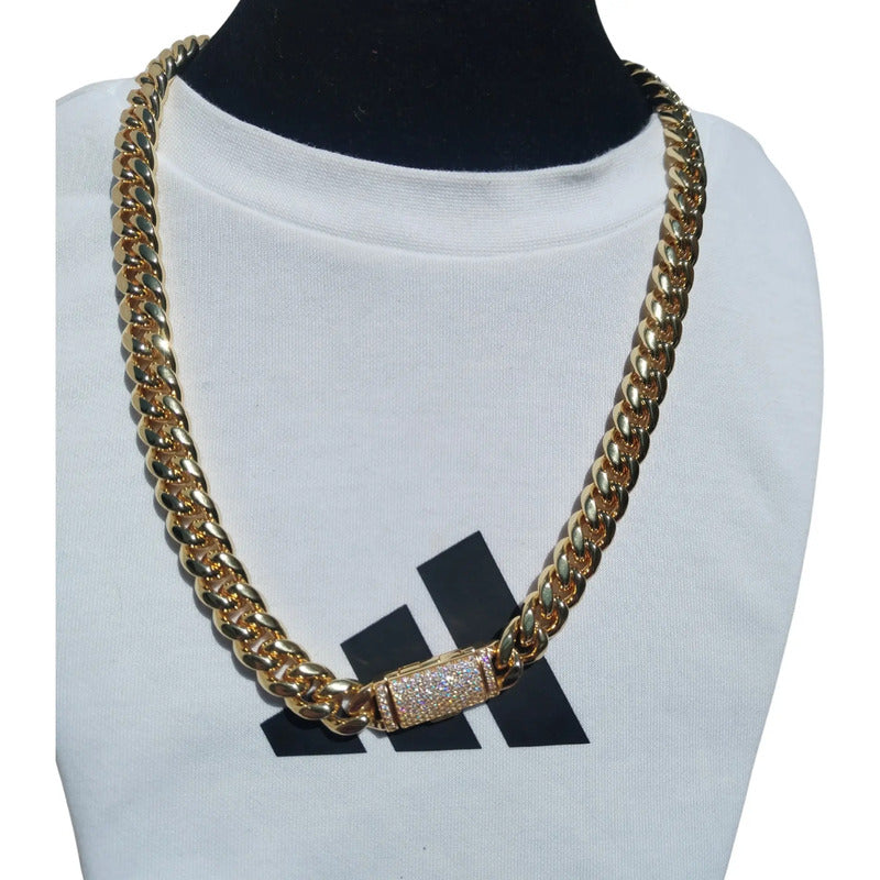 Cadena Cubana 12mm Acero Inoxidable Con Moissanita Plata 925 Dorado