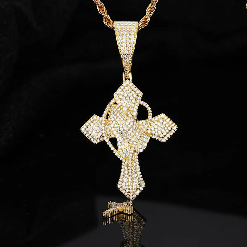 Dije Plata 925 Cruz Con Manos Moissanite Regalo Hombre Papa Dorado
