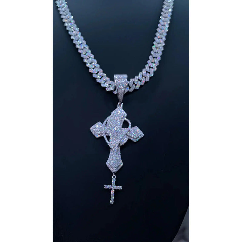 Dije Plata 925 Cruz Con Manos Moissanite Regalo Hombre Papa Plateado