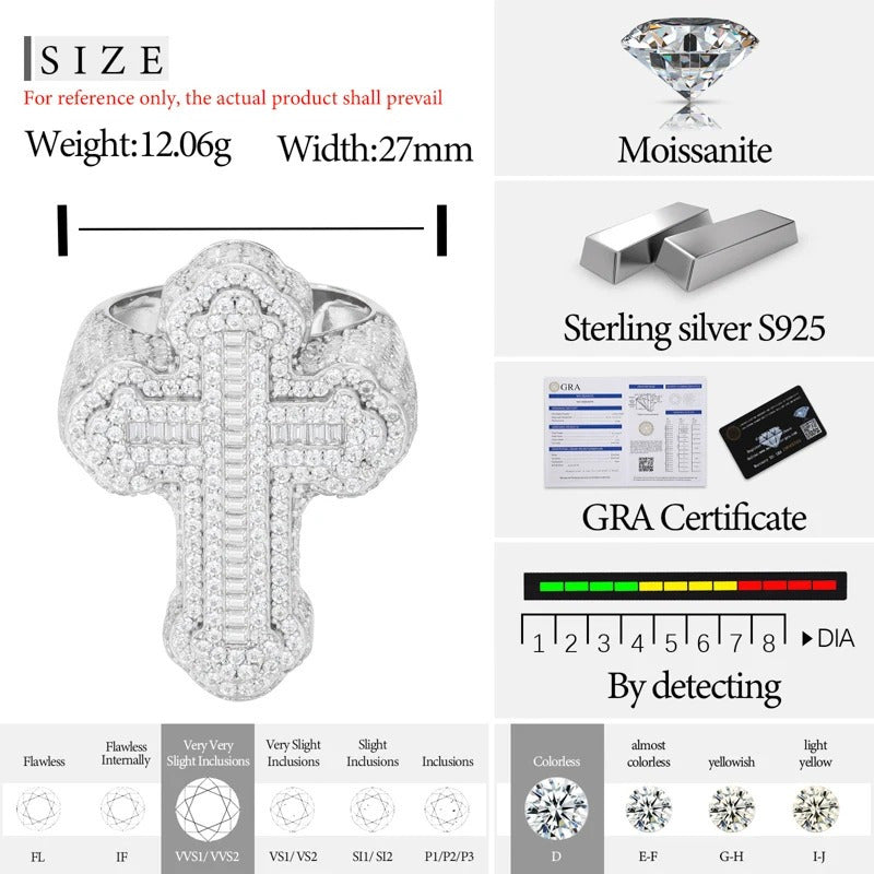Anillo De Hombre Cruz Baguette Moissanite Plata 925 Icebox Plateado 10(dedo De Medio)