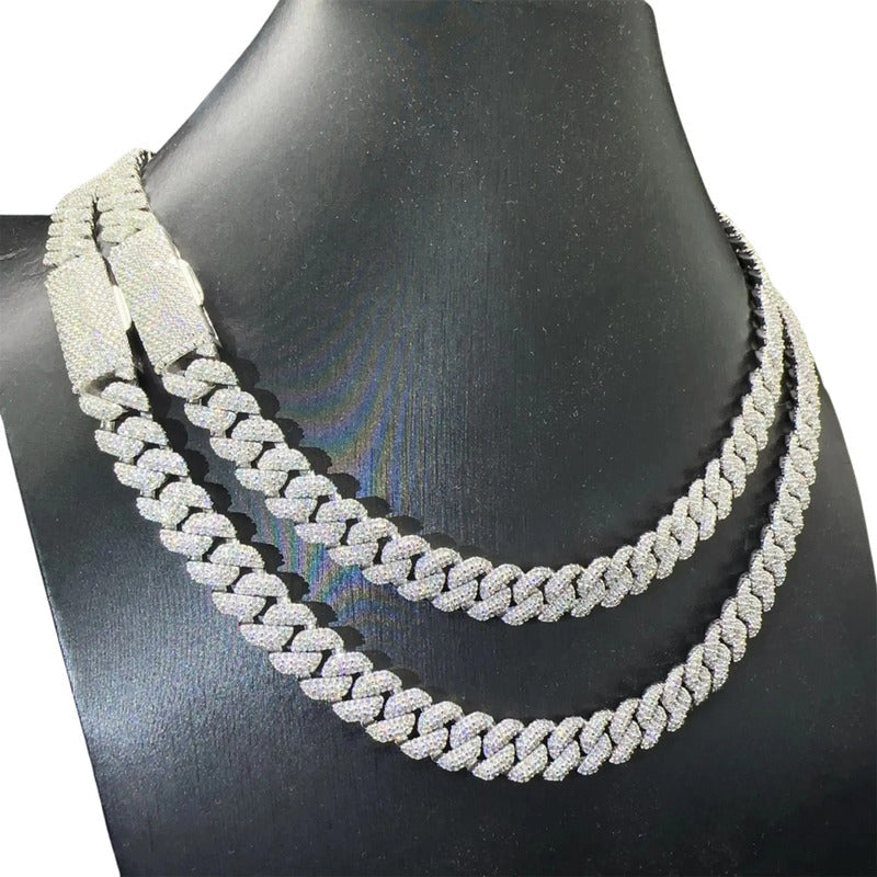 Cadena Cubana Moissanite 30 Tipo Plata 925 3 Filas 10mm 60cm Plateado
