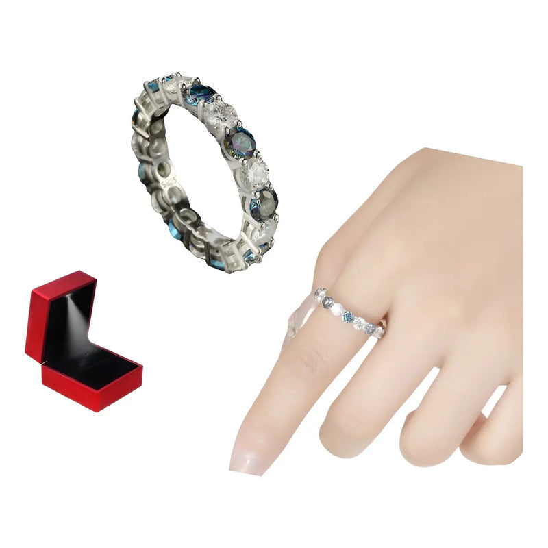 Anillo Churumbela 4mm Moissanita Azul Y Blanca-plata Oro 8k.