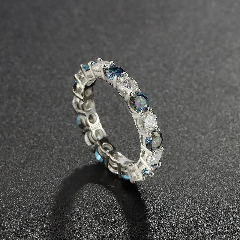 Anillo Churumbela 4mm Moissanita Azul Y Blanca-plata Oro 8k.