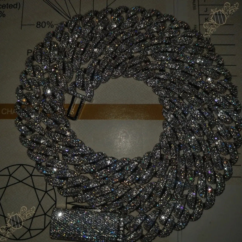 Cadena Cubana Moissanite 30 Tipo Plata 925 3 Filas 10mm 60cm Plateado