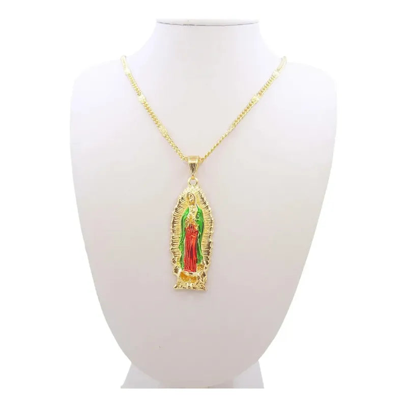 Dije Virgen María De Jesús-virgen De Guadalupe Oro Laminado Verde