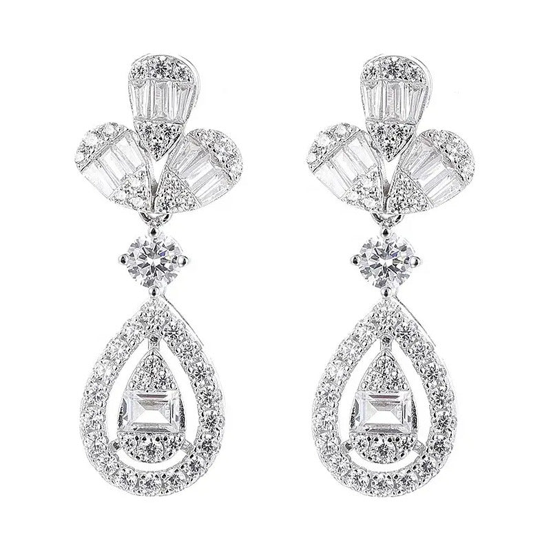 Aretes Moissanita Colgantes Largos Mujer Baguette Plata 925. Plateado