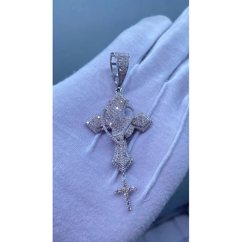Dije Plata 925 Cruz Con Manos Moissanite Regalo Hombre Papa Plateado