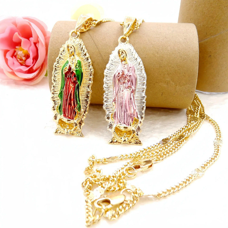 Dije Virgen María De Jesús-virgen De Guadalupe Oro Laminado Verde