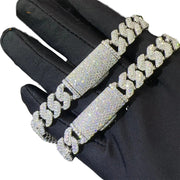 Cadena Cubana Moissanite 30 Tipo Plata 925 3 Filas 10mm 60cm Plateado