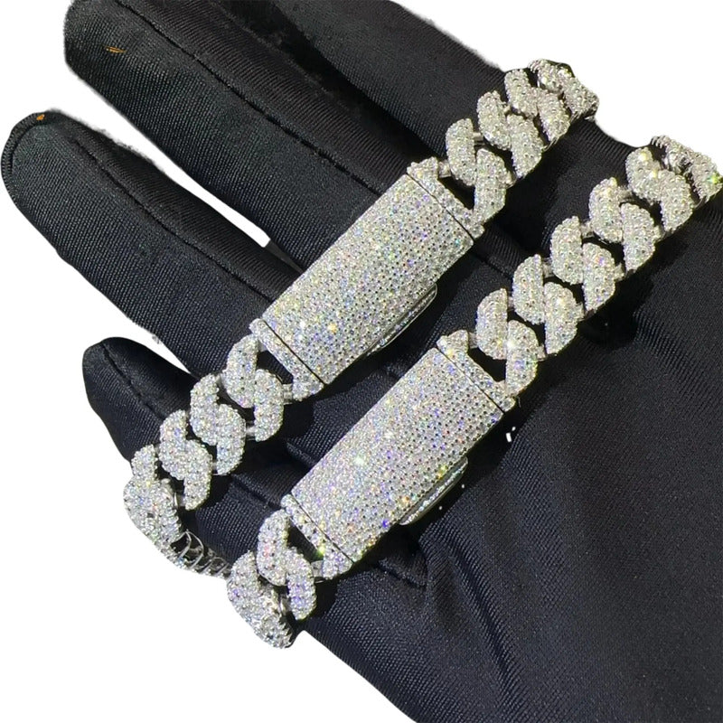 Cadena Cubana Moissanite 30 Tipo Plata 925 3 Filas 10mm 60cm Plateado