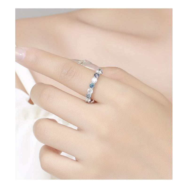 Anillo Churumbela 4mm Moissanita Azul Y Blanca-plata Oro 8k.