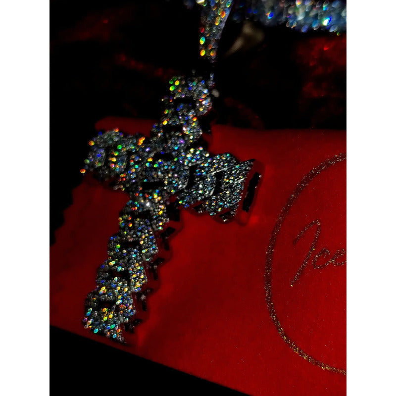 Collar Tenis Cadena Con Dije Cruz Moissanita Plata 925 6mm. Plateado
