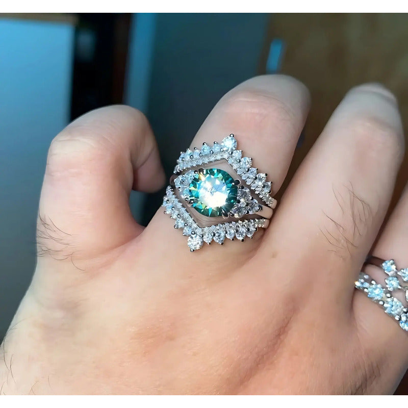 Anillo De Boda De Plata 925 C/moissanita 3 Ct  Esmeralda Lab