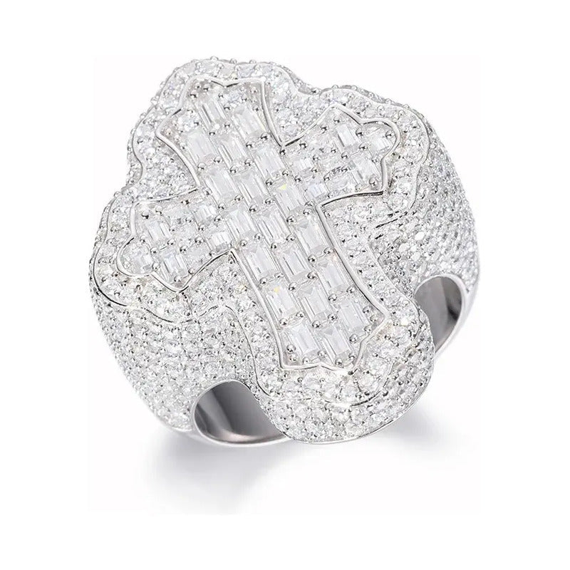 Anillo De Hombre Cruz Baguette Trap Moissanite Plata Icebox Plateado 10(dedo De Medio)