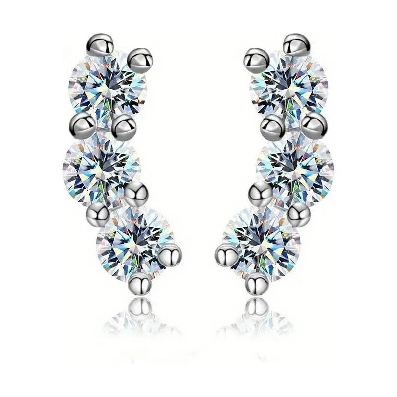 Aretes Mini Pendientes Mujer 3 Piedras De Moissanita Plata. Plateado