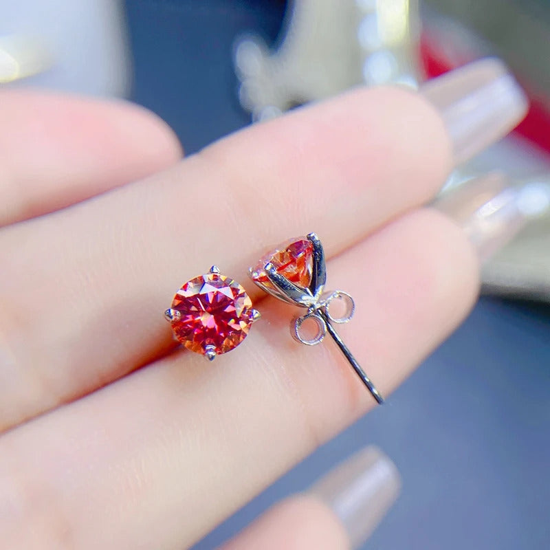 Aretes Moissanita Roja 1ct 5mm Plata Ley 925 C/certificado. Rojo