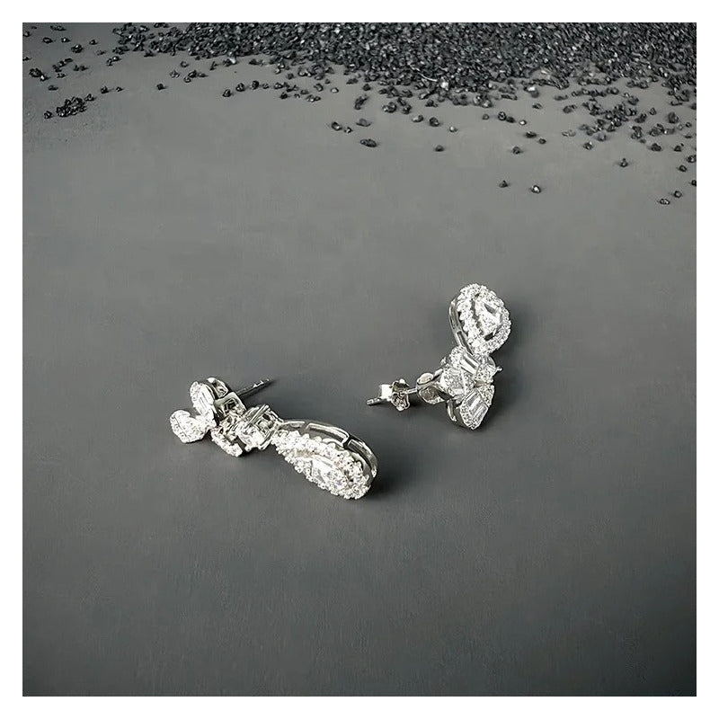 Aretes Moissanita Colgantes Largos Mujer Baguette Plata 925. Plateado