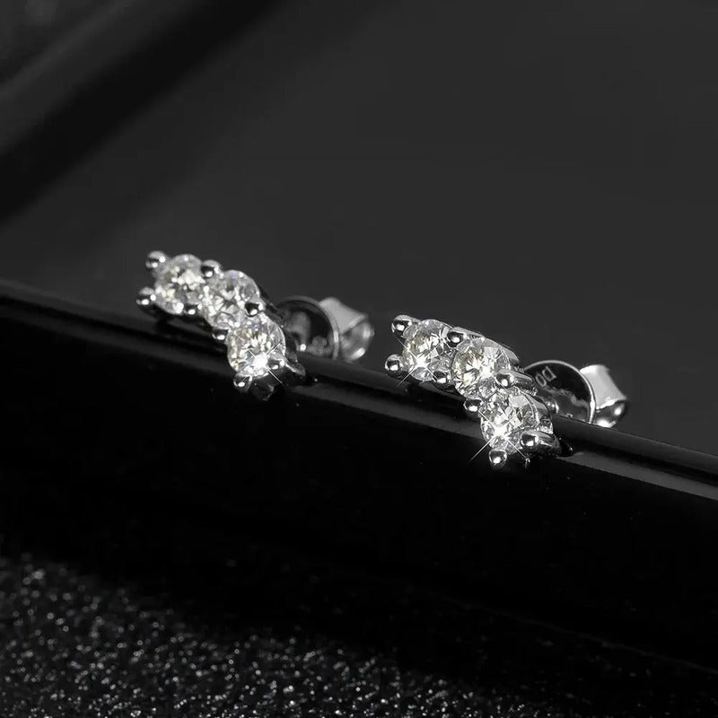 Aretes Mini Pendientes Mujer 3 Piedras De Moissanita Plata. Plateado