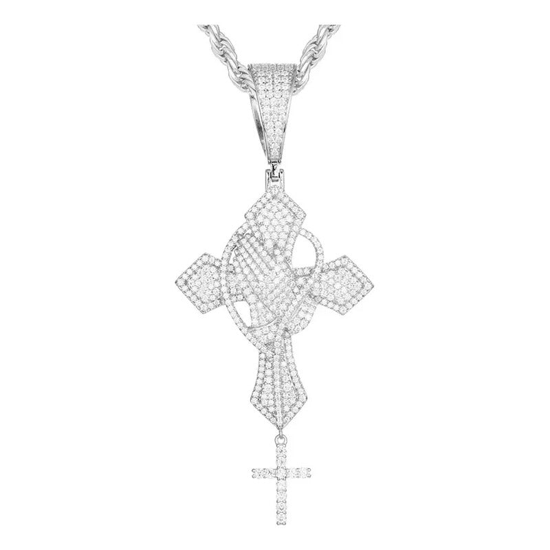 Dije Plata 925 Cruz Con Manos Moissanite Regalo Hombre Papa Plateado