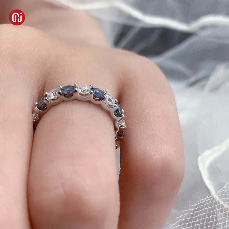 Anillo Churumbela 4mm Moissanita Azul Y Blanca-plata Oro 8k.