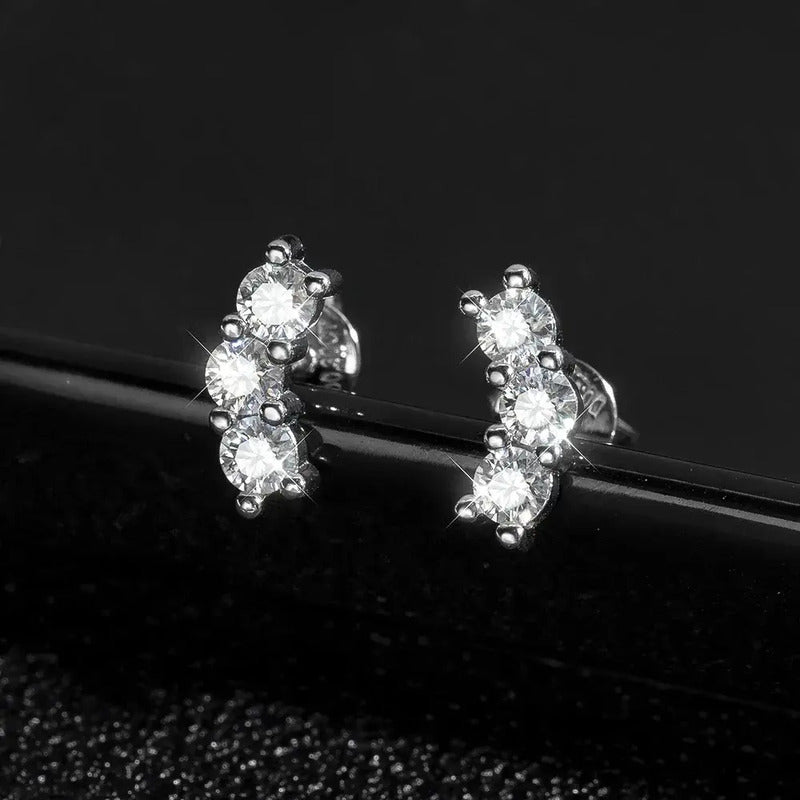 Aretes Mini Pendientes Mujer 3 Piedras De Moissanita Plata. Plateado