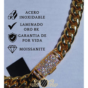 Cadena Cubana 12mm Acero Inoxidable Con Moissanita Plata 925 Dorado