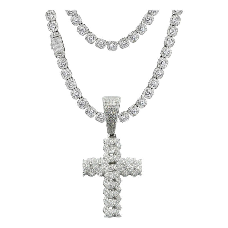 Collar Tenis Cadena Con Dije Cruz Moissanita Plata 925 6mm. Plateado