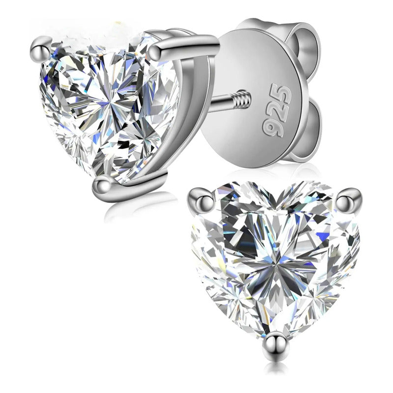 Aretes Moissanita Corte Corazón & Heart 6.5mm 2ct Plata 925. Plateado